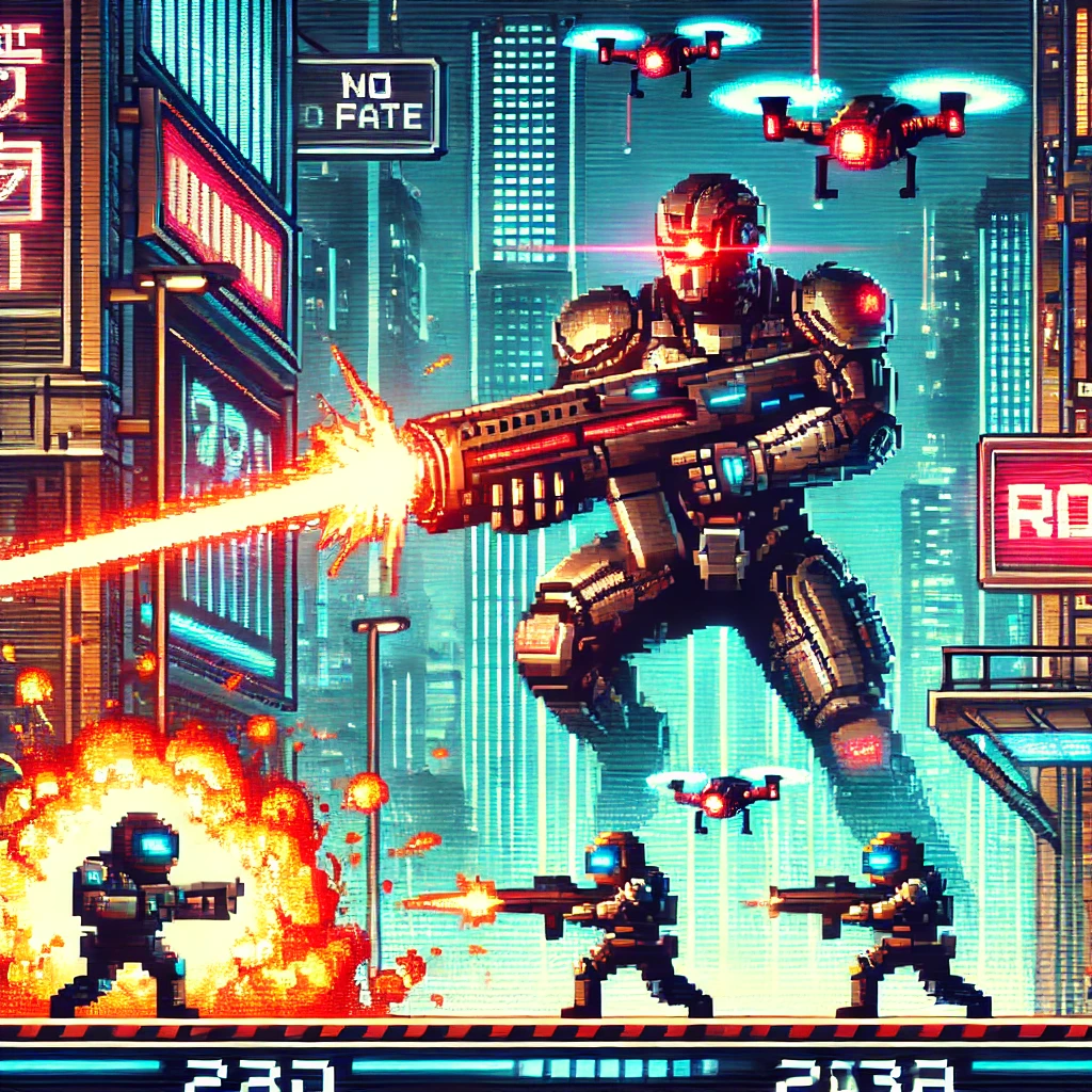DALL·E 2025 03 06 17.02.20 A futuristic 2030 style 2D action game scene inspired by Terminator 2D No Fate. The image features an intense battle in a high tech cyberpunk city