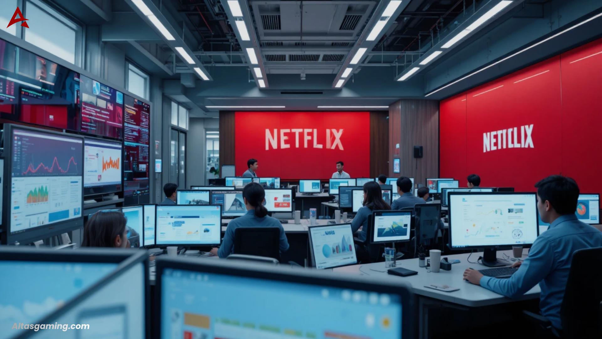 “Ultra-realistic modern Netflix office interior, red & white branding, global advertising team working with digital screens, analytics dashboards, creative boards, cinematic lighting, 8K detailed professional environment, realistic faces, corporate atmosphere.”