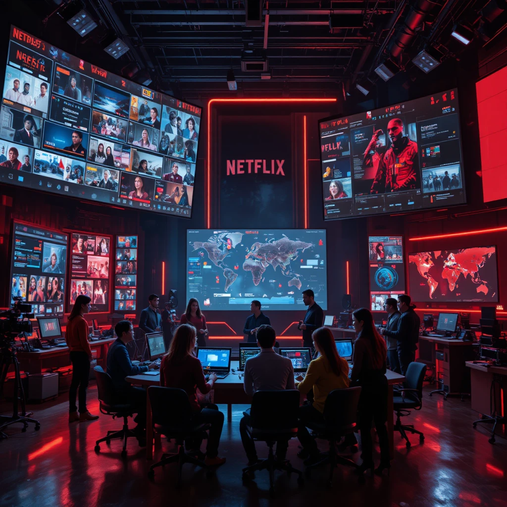 “Ultra-realistic editorial-style image showing a creative Netflix content team in a modern studio environment. Large digital screens display storyboards, scripts, production timelines, and global maps. Cinematic lighting, red-and-black Netflix theme, professional filmmakers discussing ideas, diverse team, high-end workspace, inspirational atmosphere — perfect for a tech and entertainment article.”
